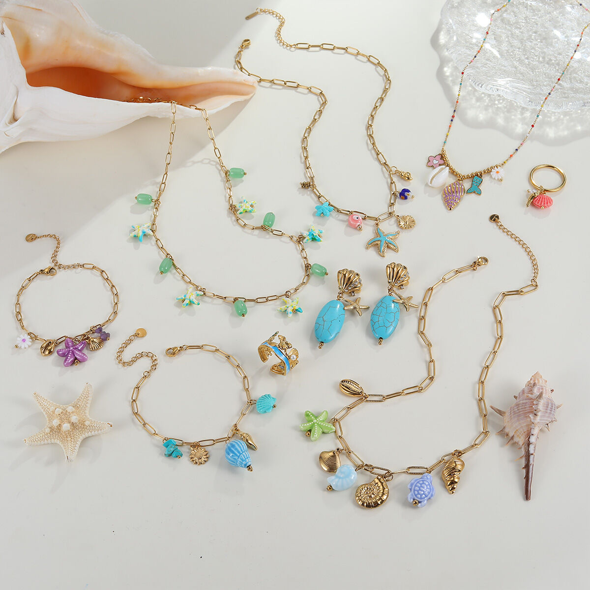 Ensembles De Bijoux De Luxe Pour Femmes, En Acier Inoxydable, Couleur Or, Motif Poisson, Étoile De Mer Et Corail, Collection Vacances.