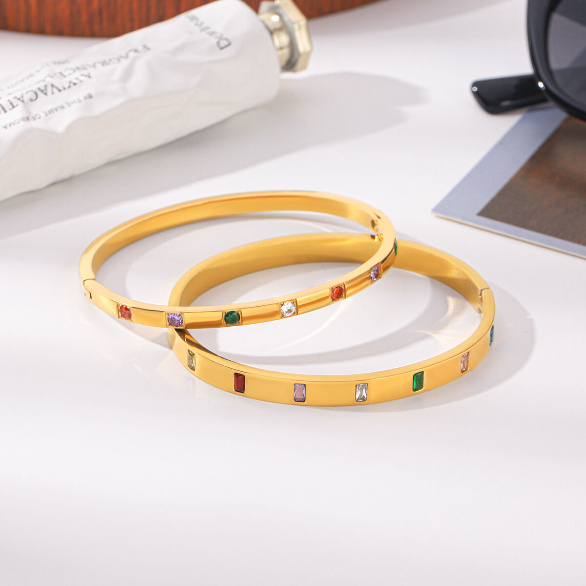Luxury Series Daily Irregular Shape Ellipse Shape Stainless Steel Waterproof   Gold Color  Zircon Women's Bangles 2