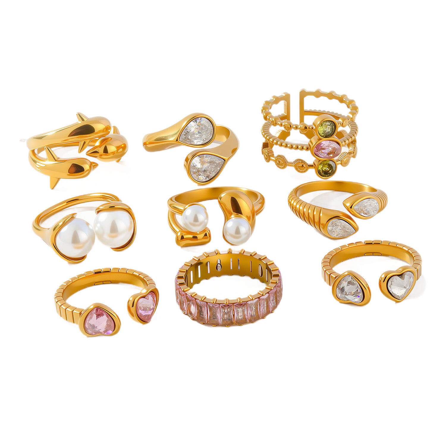 Luxe Serie Elegante, Onregelmatig Gevormde, Waterdichte, Goudkleurige Zirkonia Damesringen Met Edelsteen. Afbeelding5