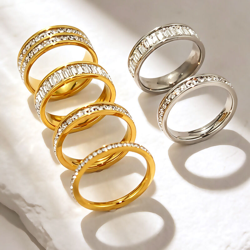 Luxurious Series Simple Geometric Shape Stainless Steel Waterproof Gold Color Rhinestone Women's Gemstone Rings h5Picture2