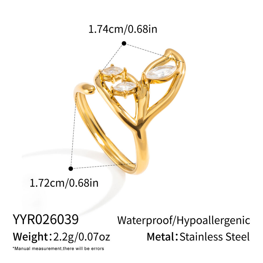 Irregular Shape Stainless Steel Waterproof Gold Color Zircon Women's Gemstone Rings