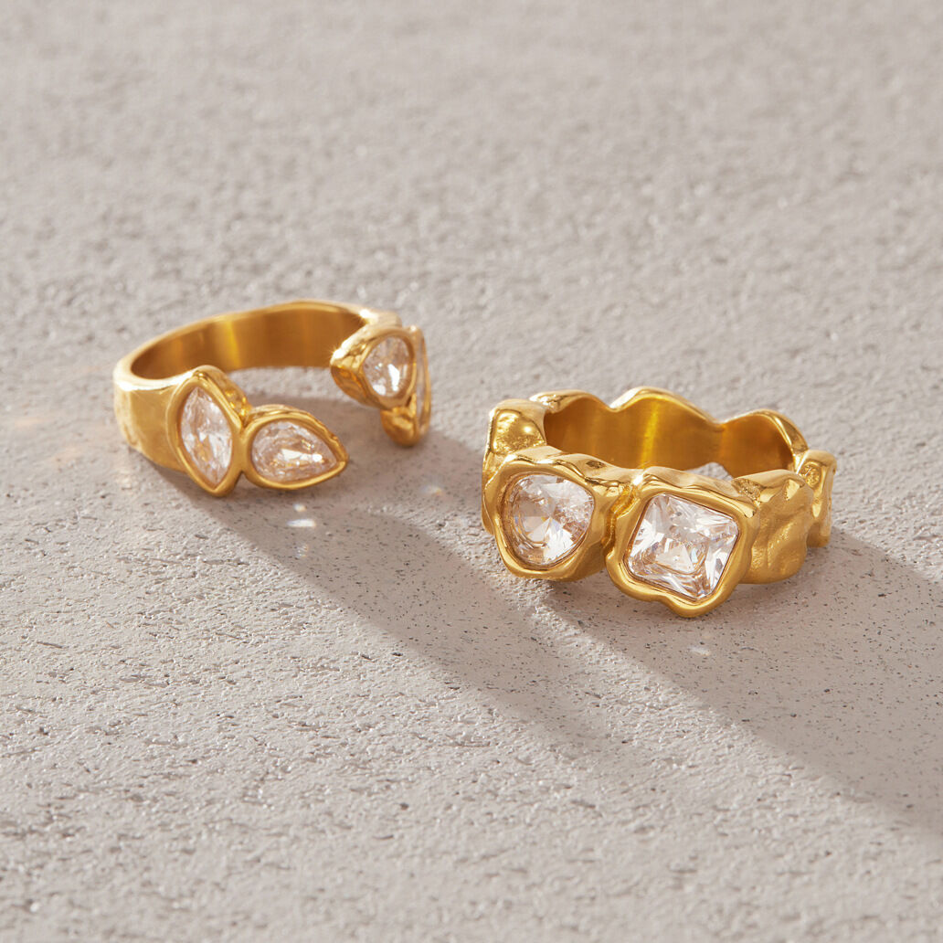 Casual Irregular Shape Hammer Pattern Stainless Steel Waterproof   Gold Color  Zircon Women's Gemstone Rings