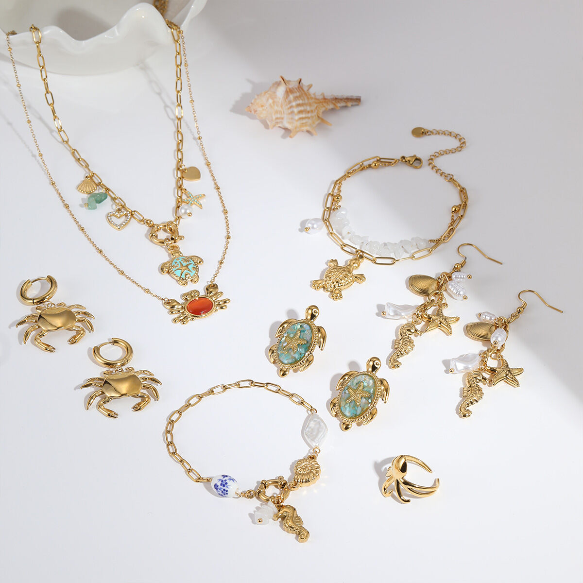 Ensembles De Bijoux Pour Femmes En Acier Inoxydable Étanches, Motif Poisson, Étoile De Mer Et Corail, Collection Romantique