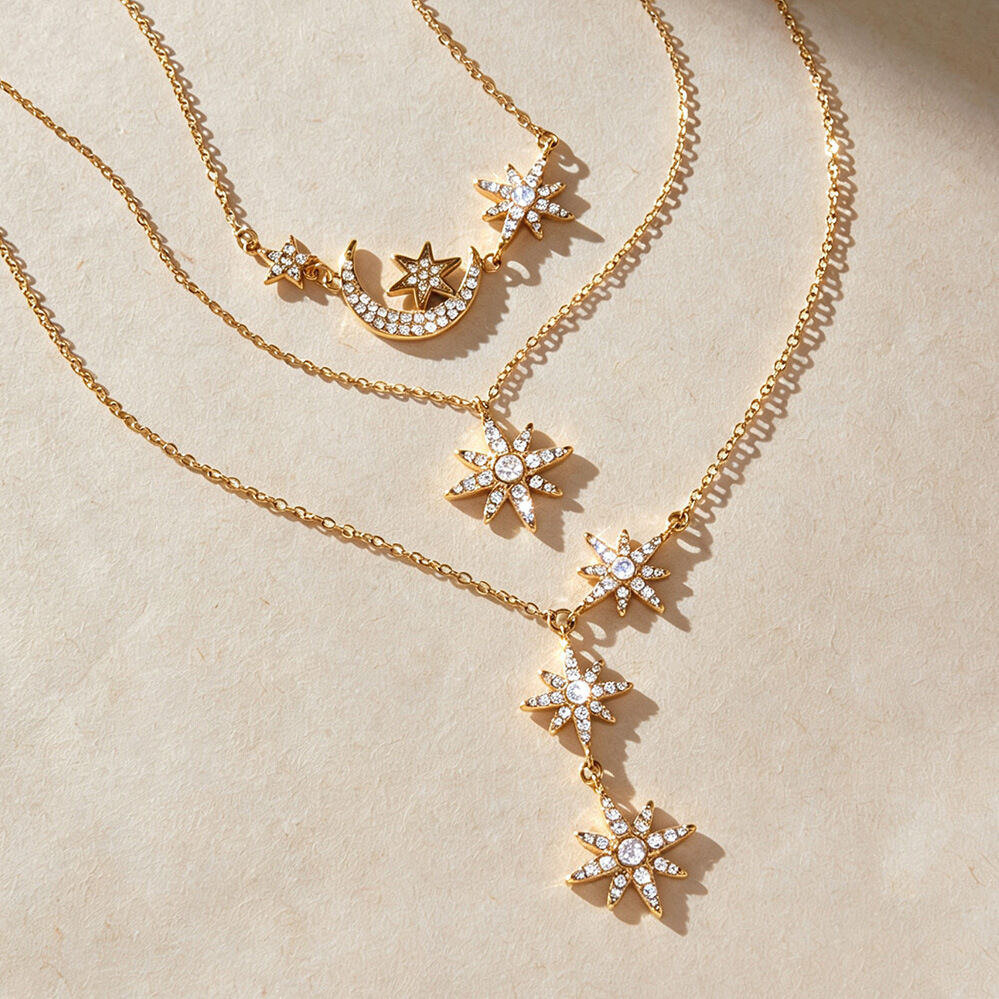 Collares Con Colgante De Circonita Color Oro, Elegante Cadena De Estrella De La Serie Romántica, De Acero Inoxidable, Resistentes Al Agua. Imagen3