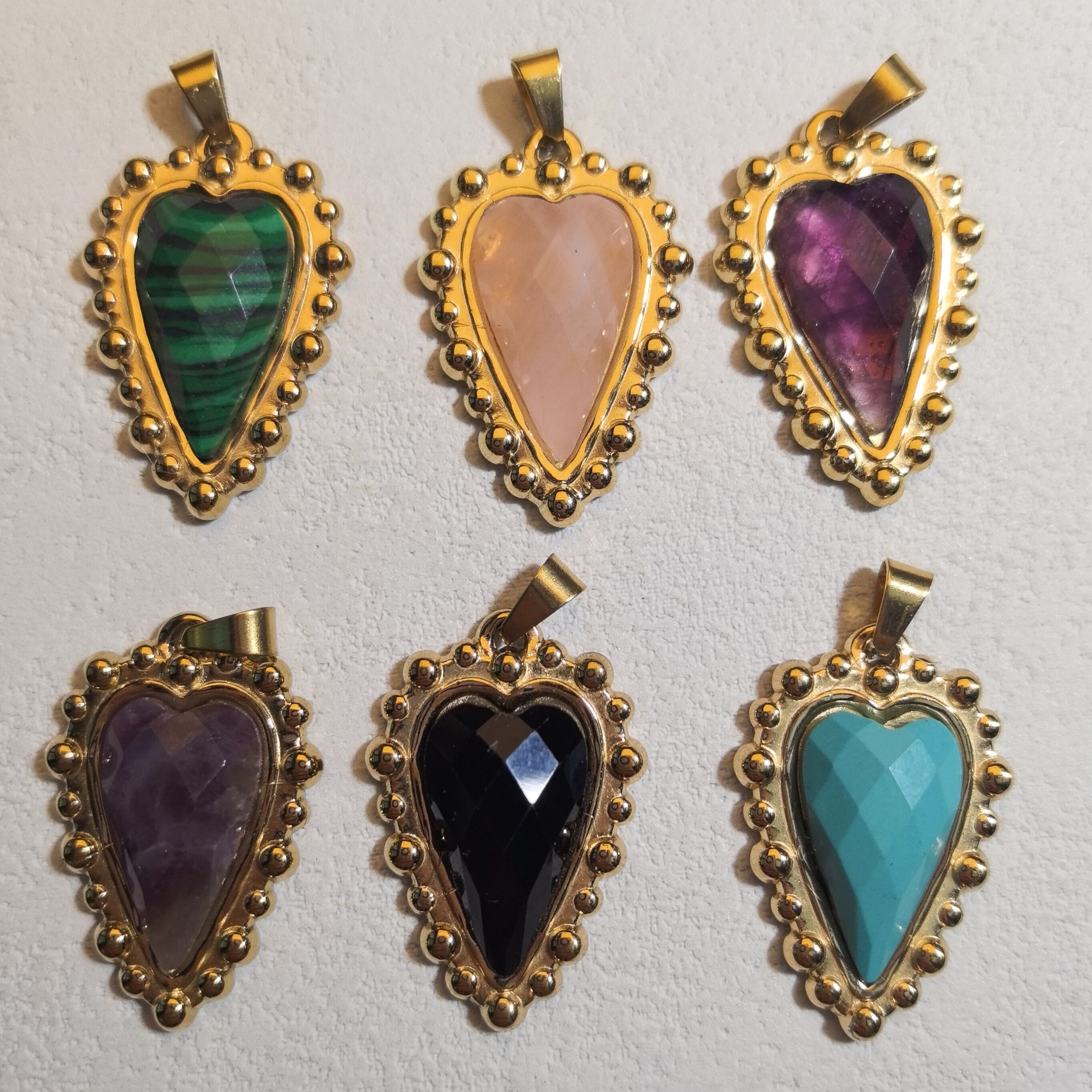 Retro Heart Natural Stones Stainless Steel Gold Color Women's Pendants 2