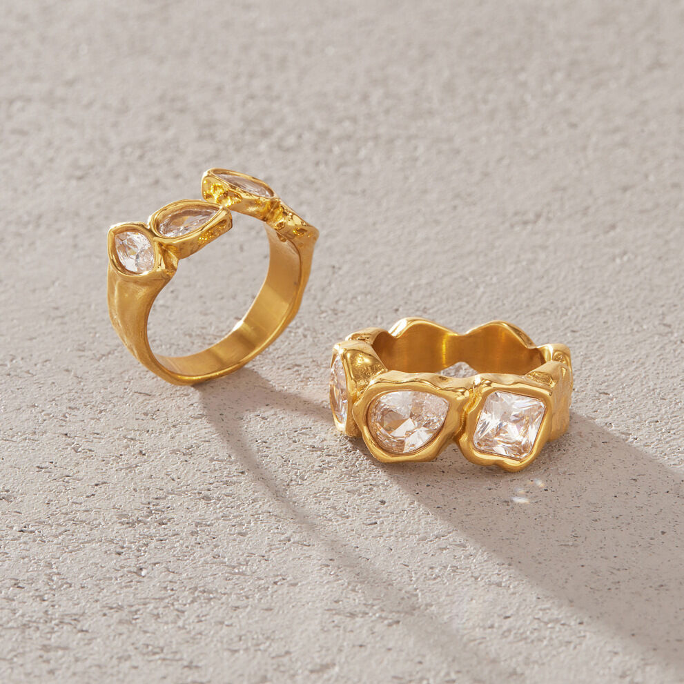 Casual Irregular Shape Hammer Pattern Stainless Steel Waterproof   Gold Color  Zircon Women's Gemstone Rings 2