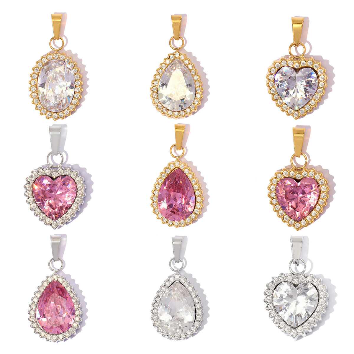 Ciondoli fai da te da donna a forma di cuore, in acciaio inossidabile impermeabile color oro con strass e zirconi, della serie Luxury Series.