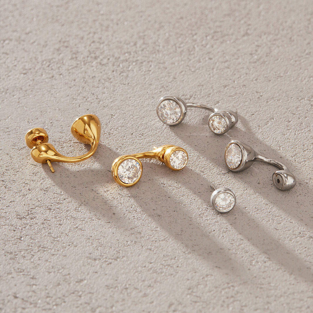 Boucles D'Oreilles Puces Pour Femmes, Forme Irrégulière, En Acier Inoxydable, Couleur Or, Étanches, Avec Zircon. Collection Simple, Pour Tous Les Jours. h5 Image2