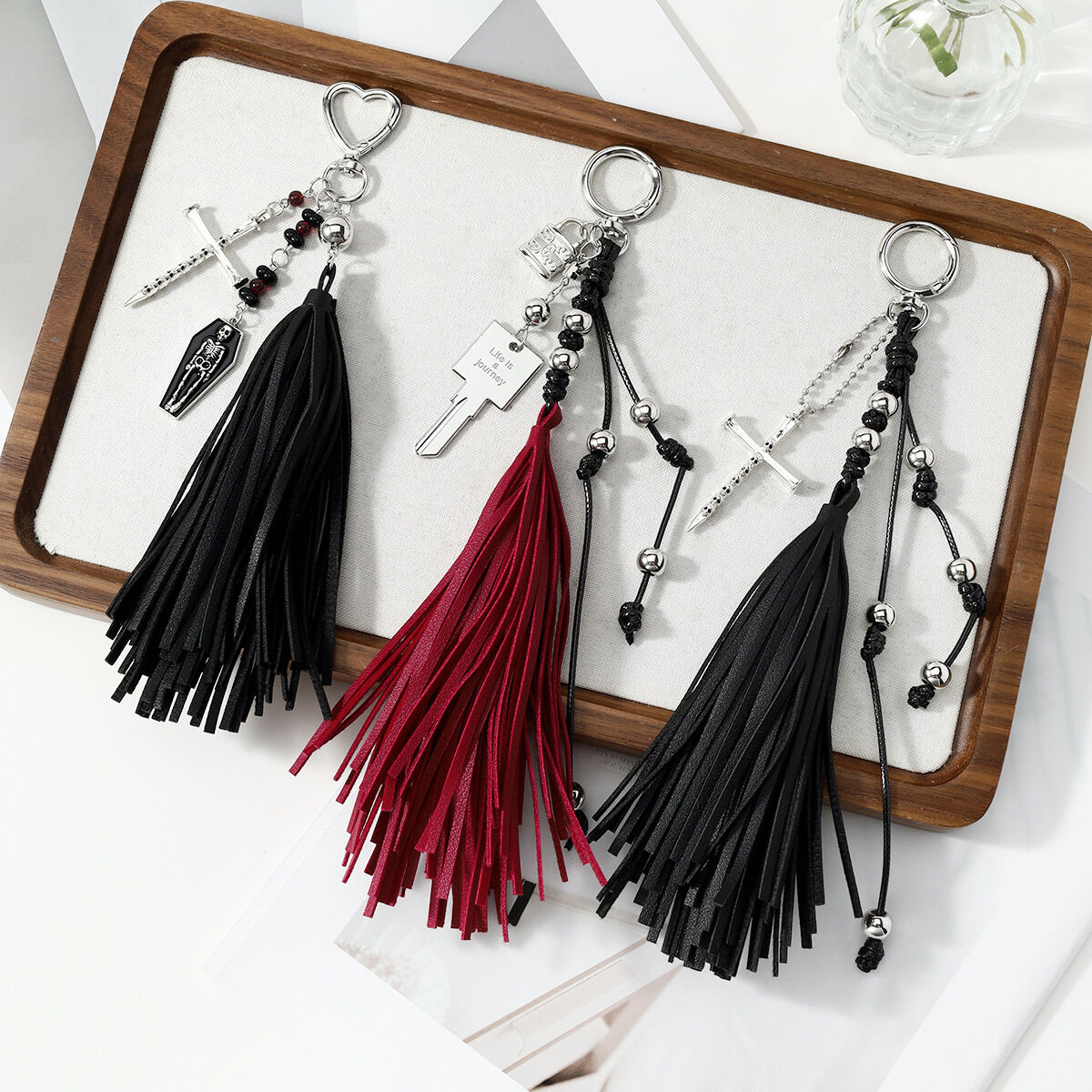 Simple Series Daily Skull Cross Tassel Leather Bag Charms 2