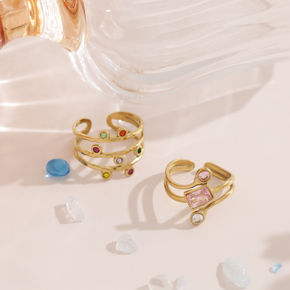 Irregular Shape Stainless Steel Waterproof Gold Color Rhinestone Women's Gemstone Rings h5 Picture3