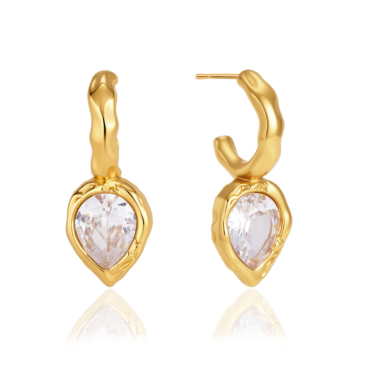 Luxurious Series  Droplet Heart Hammer Pattern Stainless Steel Waterproof   Gold Color  Zircon Women's Drop Earrings Picture5