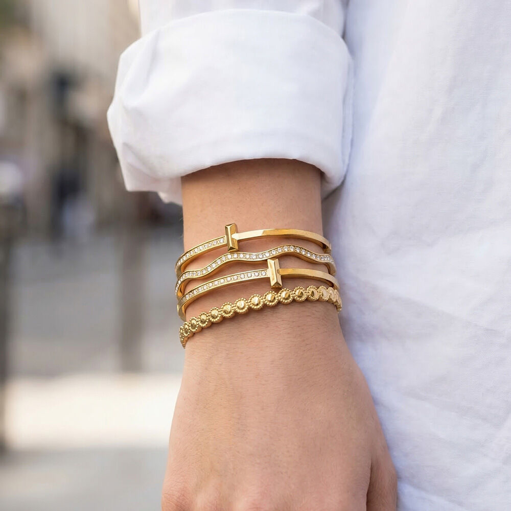 Simple Wave Shape Stainless Steel Waterproof Gold Color Rhinestone Women's Bangles Picture3