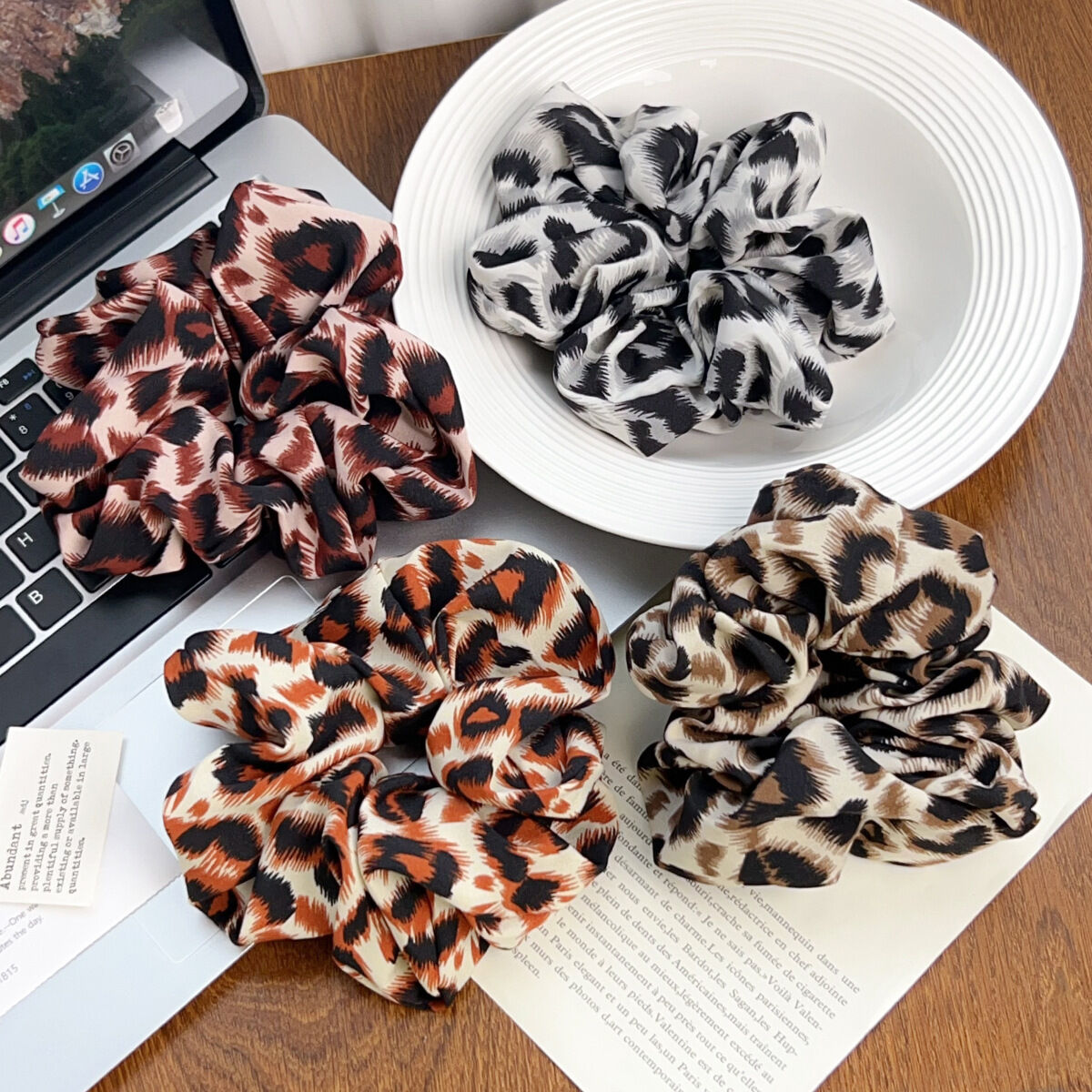 Elastici per capelli in poliestere con stampa leopardata retrò della serie Simple 2