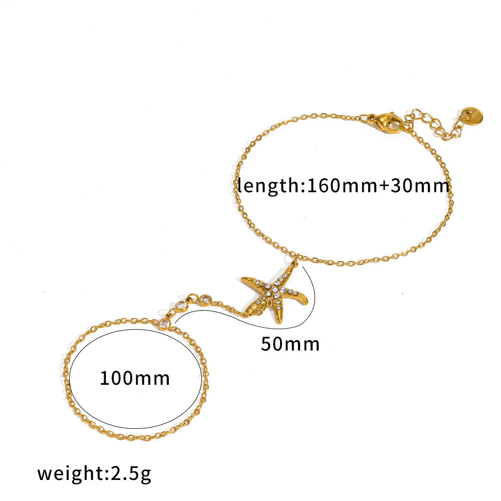 Cadena De Mano Para Mujer Con Diseño De Estrella De Mar, Resistente Al Agua, De Acero Inoxidable Y Color Dorado, Con Cristales Y Perlas Artificiales.
