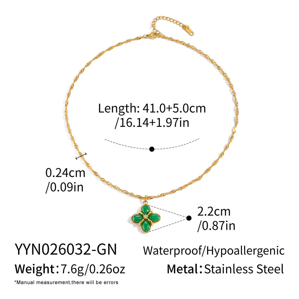 Clover Shape Stainless Steel Waterproof Gold Color Natural Stone Artificial Pearl Women's Pendant Necklaces