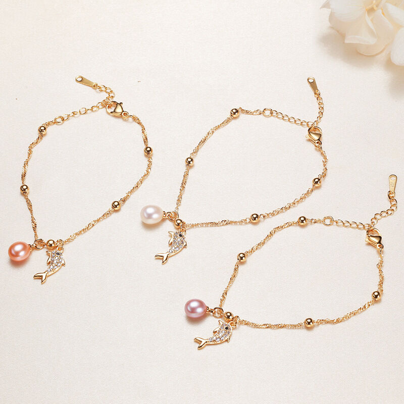 Romantic Series Daily Animal Chain Clover Fish Freshwater Pearls   Gold Color  Women's Pearl Bracelet Picture2