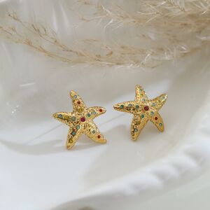 Romantic Series Daily Star Starfish Stainless Steel Waterproof Gold Color Stud Earrings h5 Picture3
