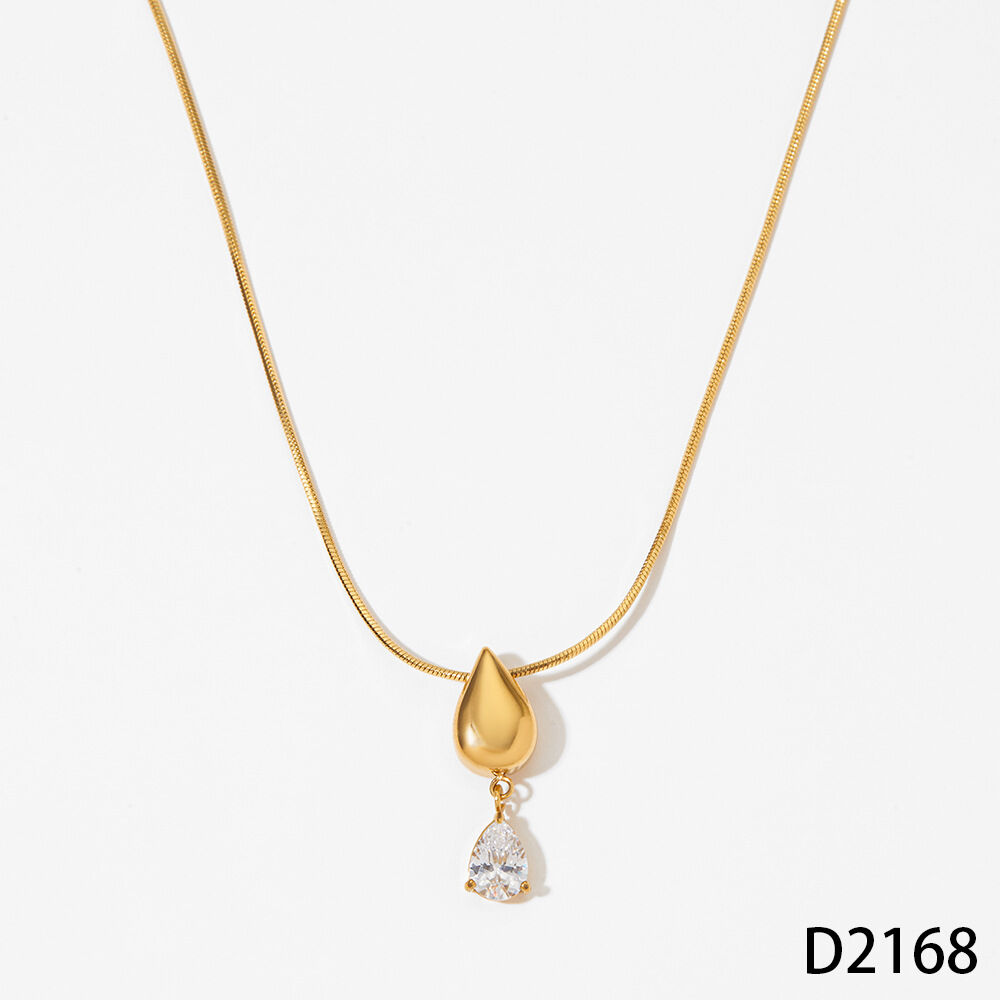 Simple Droplet Stainless Steel Waterproof Gold Color Zircon Women's Pendant Necklaces 