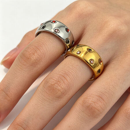 Solid Color Stainless Steel Waterproof Gold Color Rhinestone Statement Rings