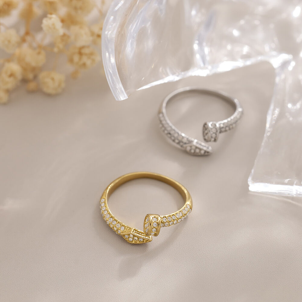 Geometric Shape Stainless Steel Waterproof Gold Color Rhinestone Women's Gemstone Rings h5Picture3