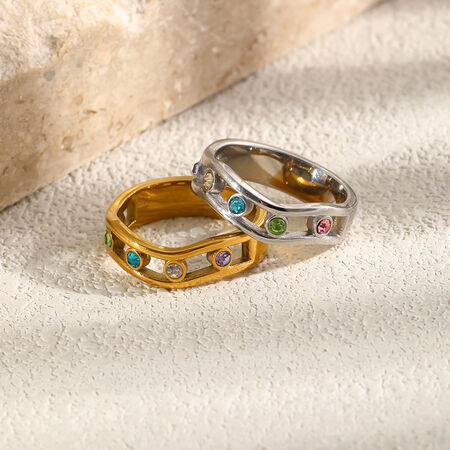 Luxurious Irregular Shape Oceanic Style Stainless Steel Waterproof Gold Color Zircon Women's Gemstone Rings
