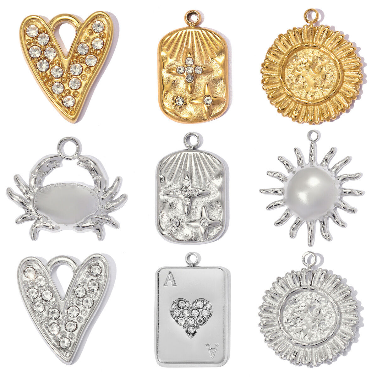 Ciondoli fai da te da donna a forma di cuore e sole in acciaio inossidabile, impermeabili, color oro, con strass.