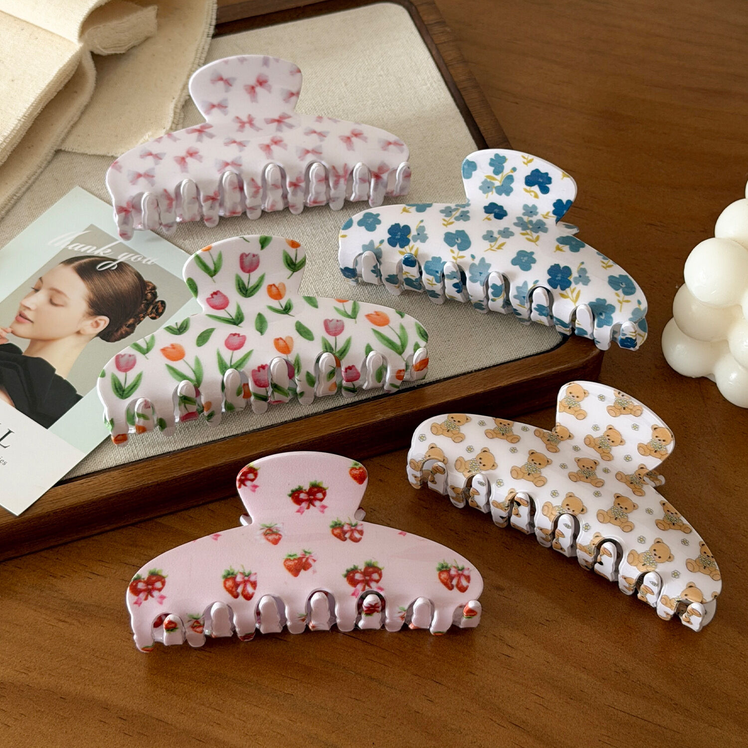 Simple Series Sweet Flower Bow Knot Cartoon Stripe Mixed Color Strawberry Acrylic Hair Claws h5 Afbeelding3