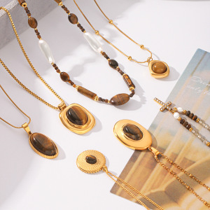 Cross Ellipse Shape Stainless Steel Waterproof Gold Color Natural Stone Zircon Women's Pendant Necklaces h5 Picture4