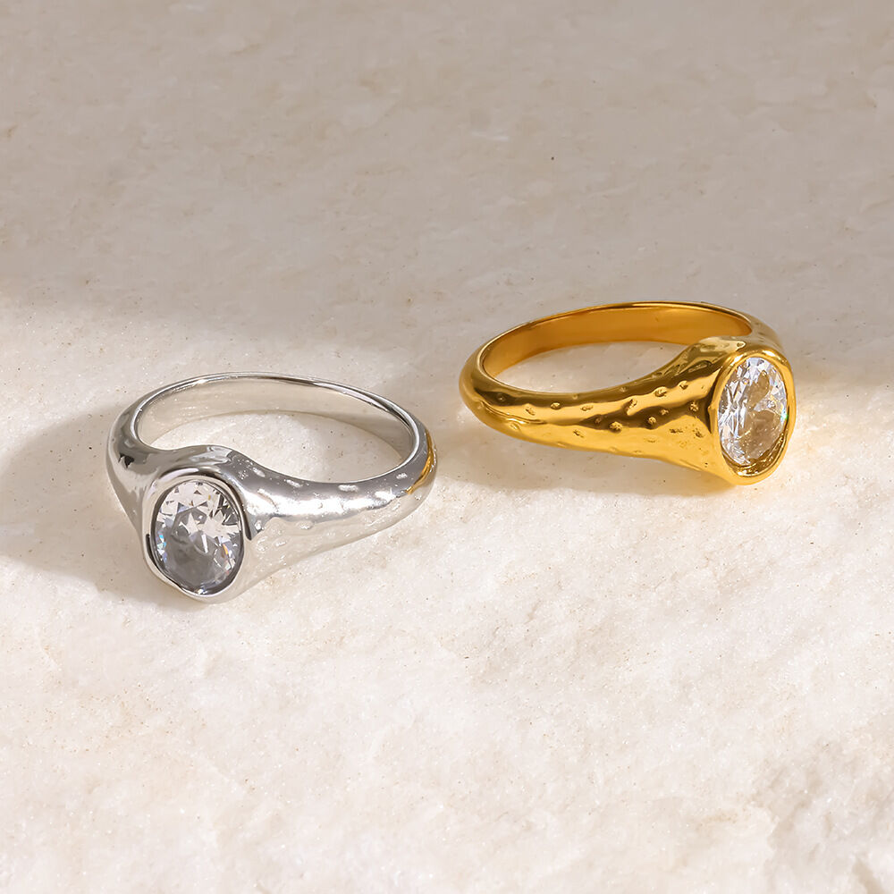 Luxury Daily Ellipse Shape Geometric Shape Stainless Steel Waterproof   Gold Color  Zircon Gemstone Ring Picture3