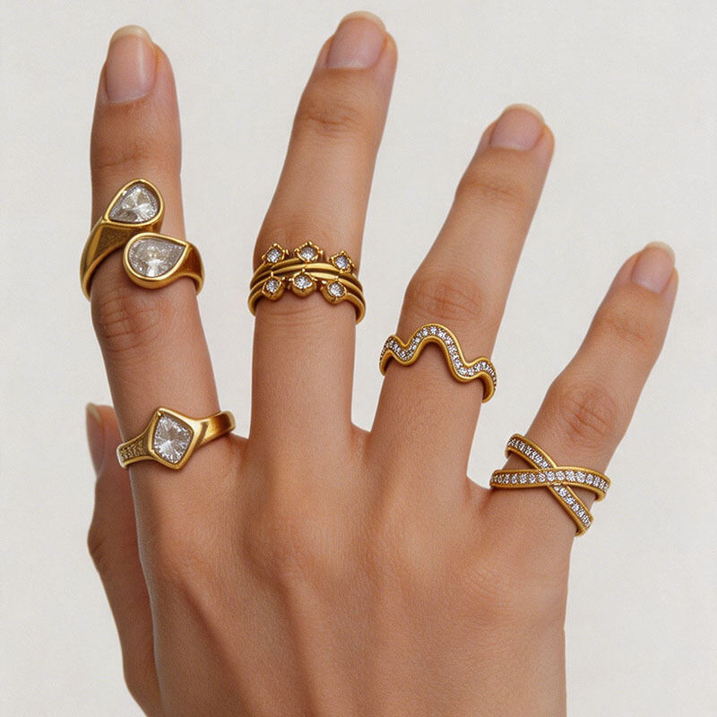 Simple Irregular Shape Stainless Steel Waterproof Gold Color Rhinestone Zircon Women's Gemstone Rings h5Picture2