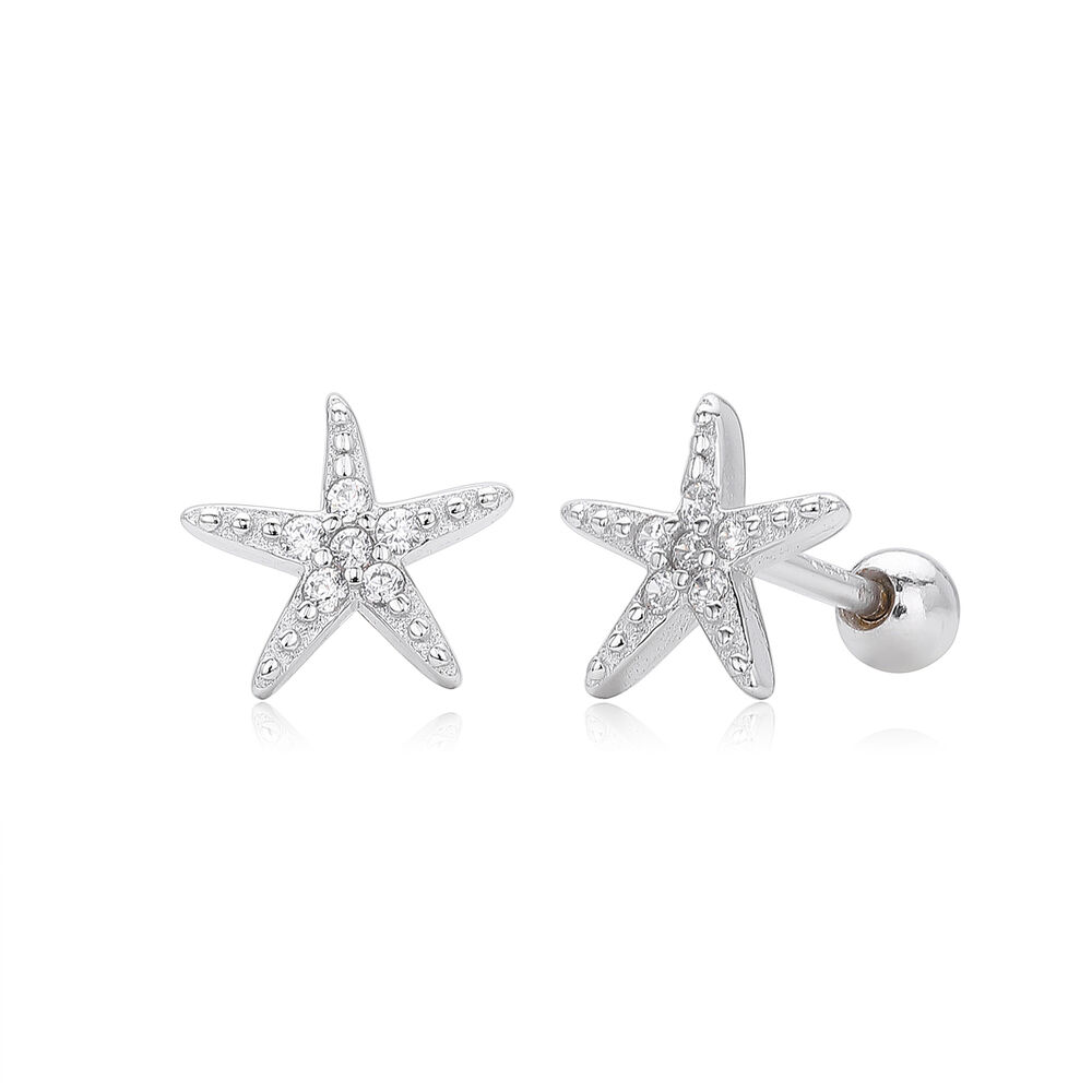 Boucles D'Oreilles Pour Femmes En Argent Sterling 925 Plaqué Rhodium, Motif Étoile De Mer Mignonne, Collection Simple h5Image4