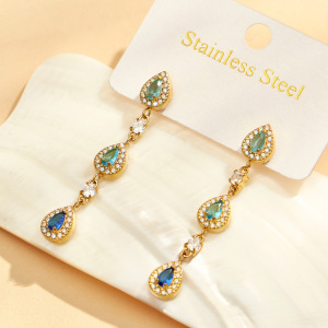 Luxurious Series Droplet Stainless Steel Waterproof Gold Color Zircon Women's Dangle Earrings h5 Picture3