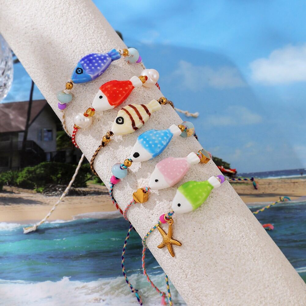 Pulseras Trenzadas De Cerámica Con Diseño De Peces Y Cuerda Trenzada, Estilo Vacacional. Imagen3