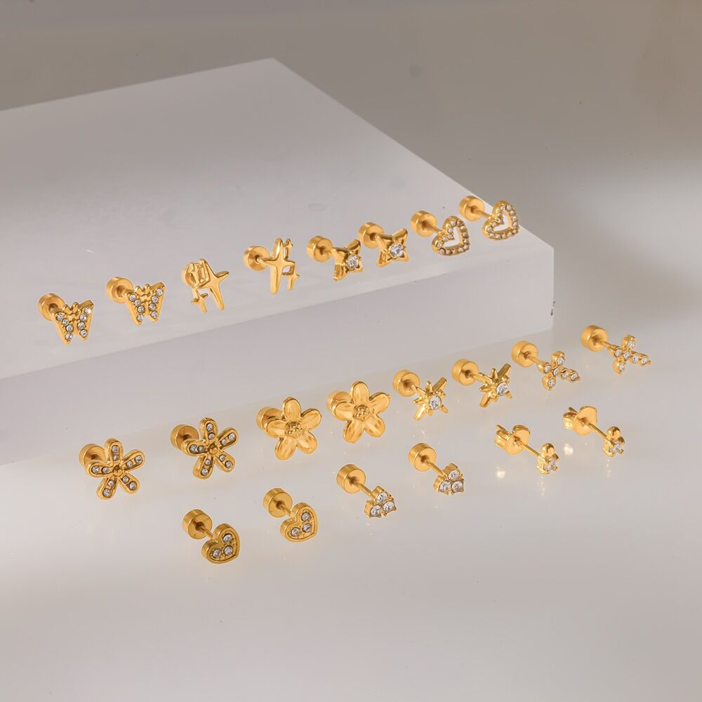 Simple Series Geometric Shape Stainless Steel Waterproof Gold Color Rhinestone Women's Stud Earrings Picture2