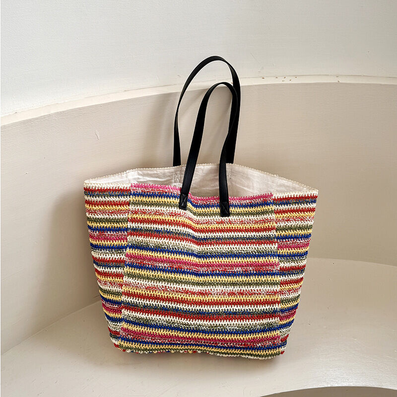 Borsa A Tracolla Da Donna In Rafia Intrecciata, Stile Casual, A Righe E Colori Misti. Immagine3