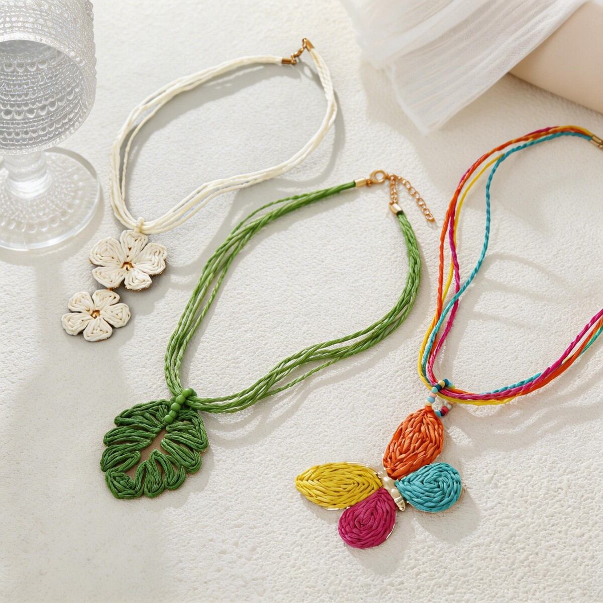 Romantic Series Vacation Flower Leaf Raffia Women's Braided Necklaces