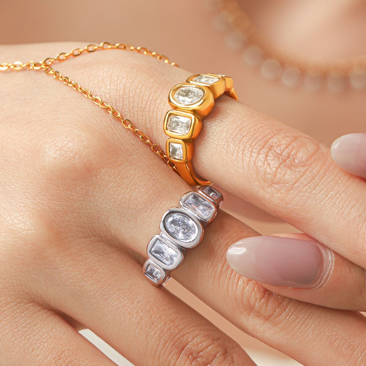 Simple Series Daily Circle Ellipse Shape Stainless Steel Waterproof   Gold Color  Zircon Gemstone Rings h5 Picture3