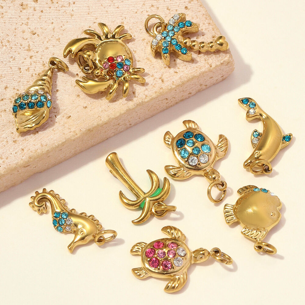 Vacation Oceanic Style Stainless Steel Waterproof Gold Color Rhinestone Women's Pendants Picture3