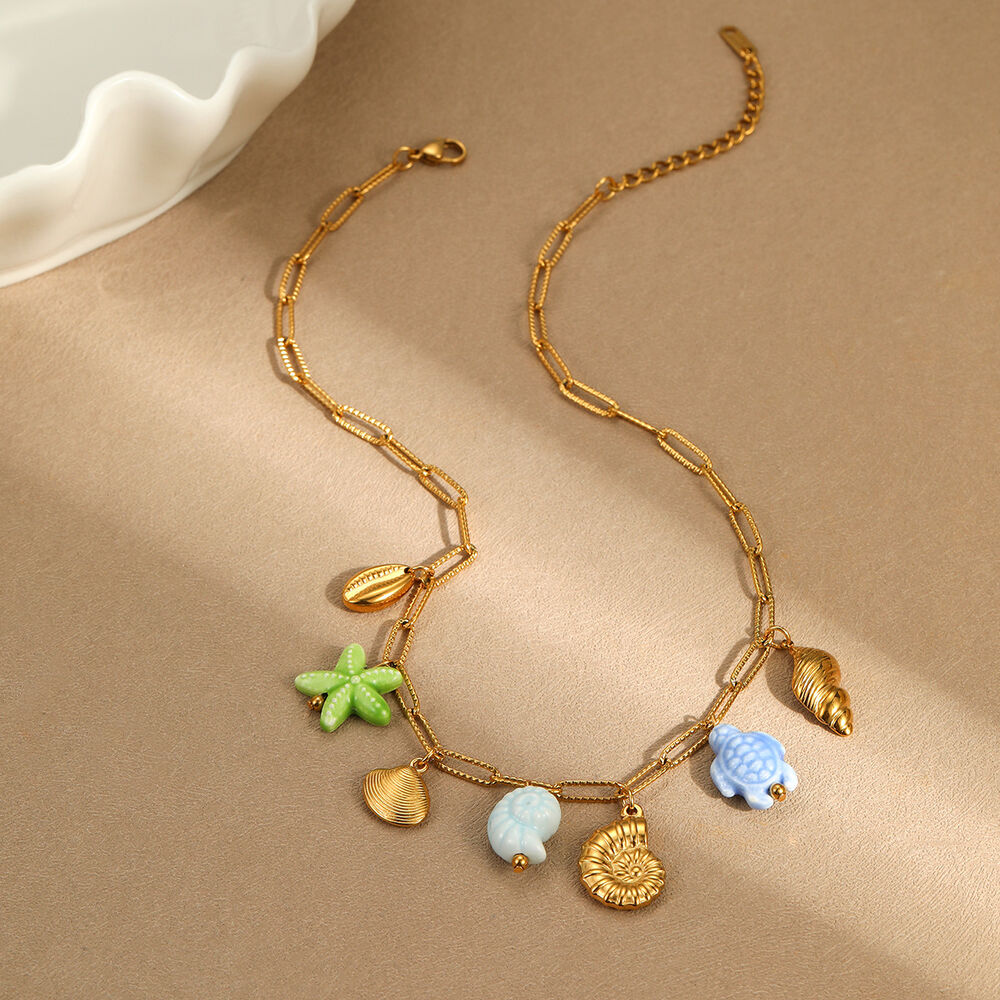 Ensembles De Bijoux De Luxe Pour Femmes, En Acier Inoxydable, Couleur Or, Motif Poisson, Étoile De Mer Et Corail, Collection Vacances. h5Image5