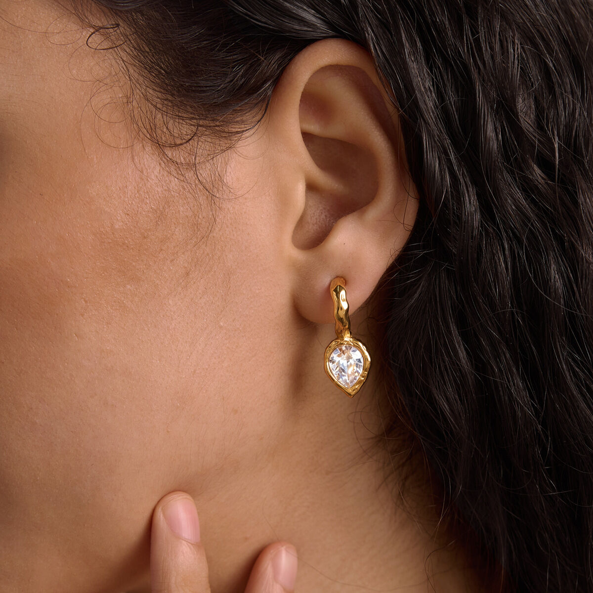 Luxurious Series  Droplet Heart Hammer Pattern Stainless Steel Waterproof   Gold Color  Zircon Women's Drop Earrings Picture2