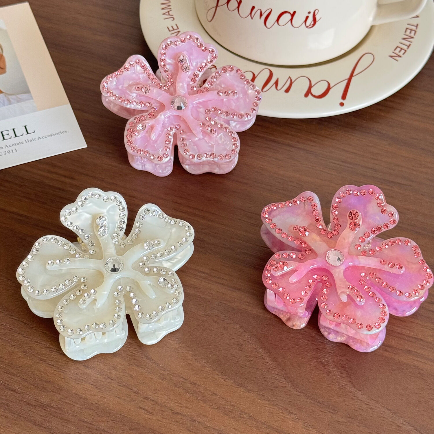 Simple Series Sweet Flower Effen Kleur Gradiënt Kleur Acetaat Strass Haarclips 2