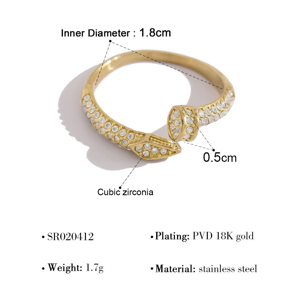 Geometric Shape Stainless Steel Waterproof Gold Color Rhinestone Women's Gemstone Rings