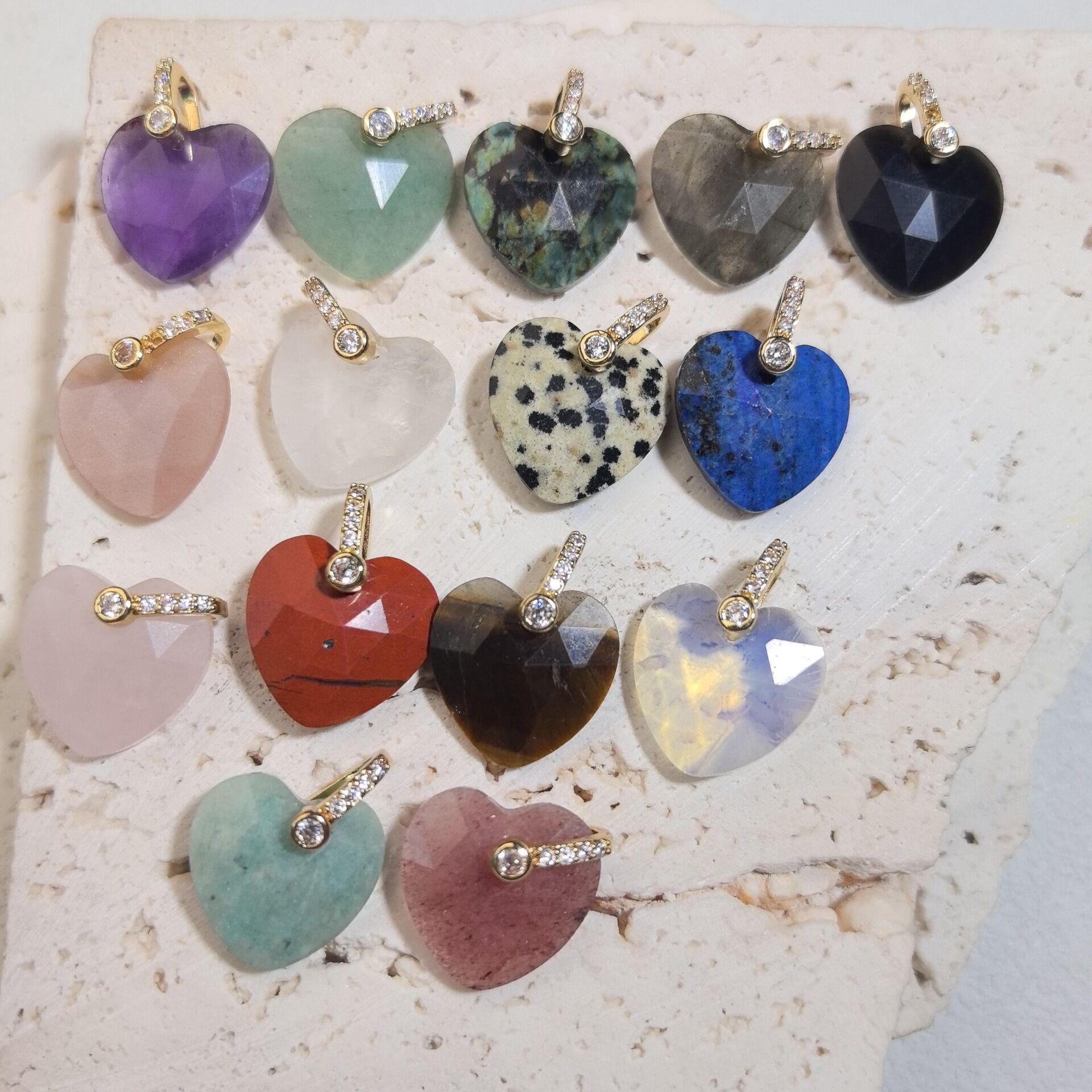 Kalp Şeklinde Doğal Taşlı Rhinestone Kadın Kolye Uçları