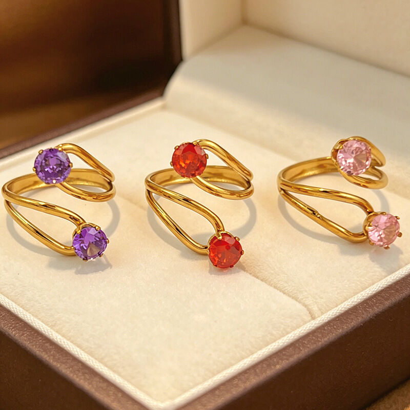 Simple Irregular Shape Stainless Steel Waterproof Gold Color Zircon Women's Gemstone Rings h5Picture3