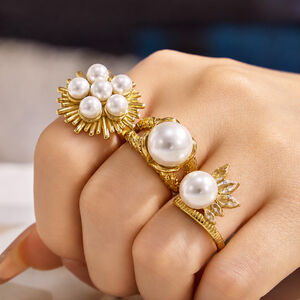 Elegant Artificial Pearl Flower Stainless Steel Waterproof Gold Color Statement Rings h5 Picture3
