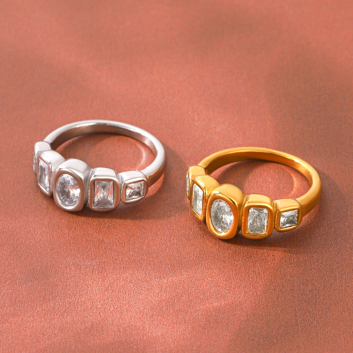 Simple Series Daily Circle Ellipse Shape Stainless Steel Waterproof   Gold Color  Zircon Gemstone Rings h5 Picture4