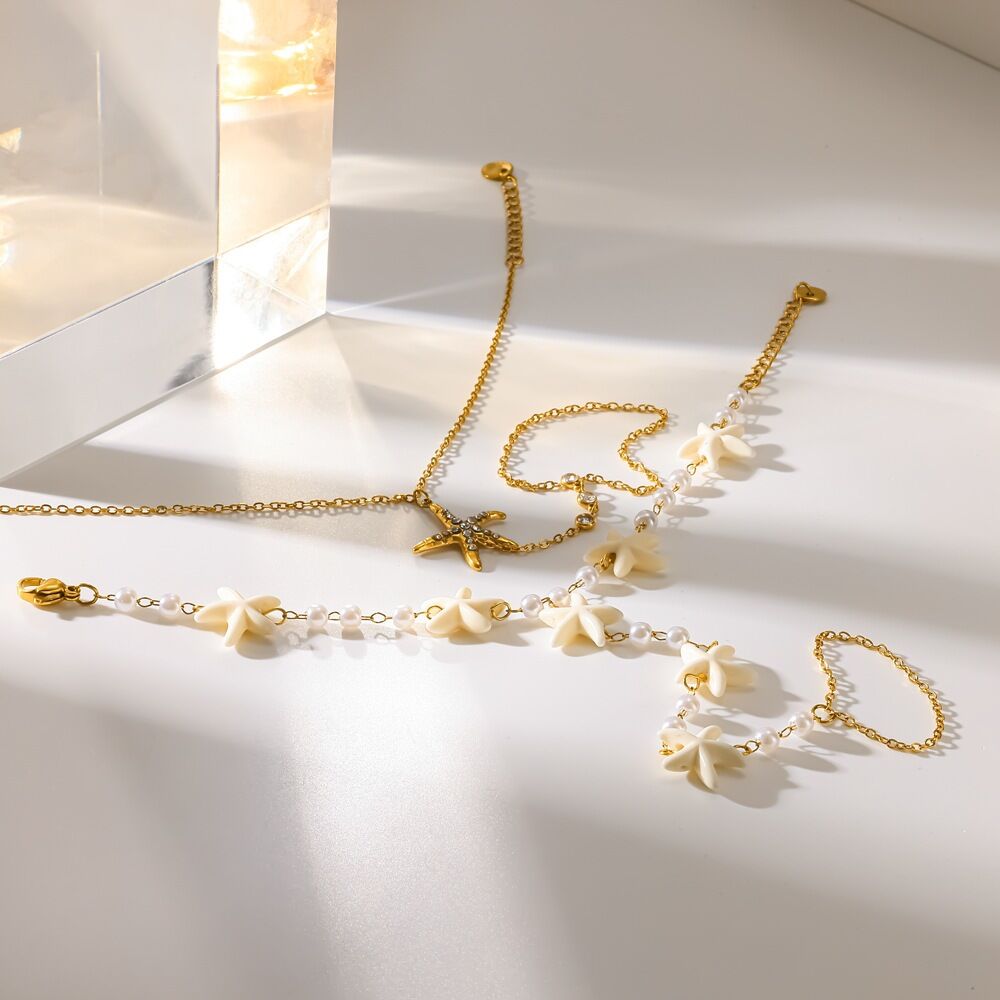 Cadena De Mano Para Mujer Con Diseño De Estrella De Mar, Resistente Al Agua, De Acero Inoxidable Y Color Dorado, Con Cristales Y Perlas Artificiales. Imagen3