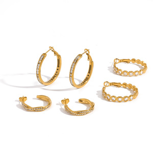Stainless Steel Waterproof Gold Color Rhinestone Women's Hoop Earrings h5 Picture3