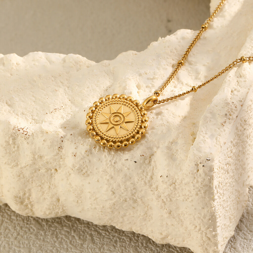 Simple Series Retro Sun Circle Stainless Steel Waterproof   Gold Color  Women's Pendant Necklaces h5 Picture3