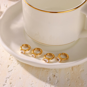 Orecchini A Cerchio Da Donna Simple Series Daily Droplet Con Forma Geometrica A Goccia, In Acciaio Inossidabile Impermeabile Color Oro E Zirconi. h5 Immagine3